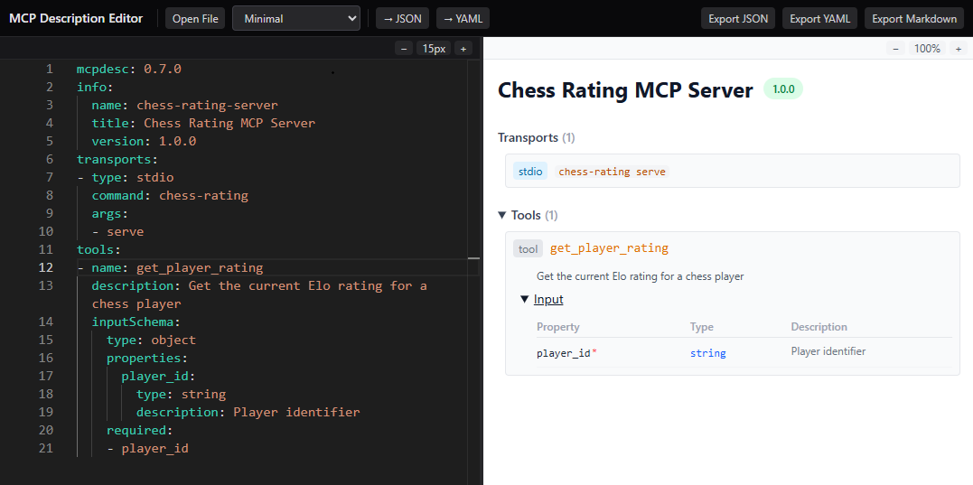 The Live MCP Description Editor showing a YAML MCP Description on the left and an interactive cards preview on the right.